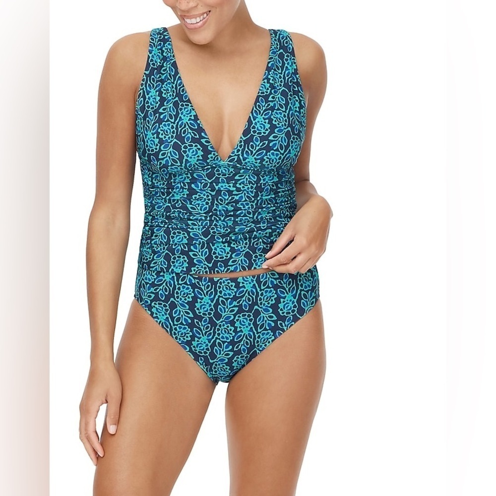 NWT J. Crew Factory Ruched Plunge Floral-Print Tankini Top, Size Medium
